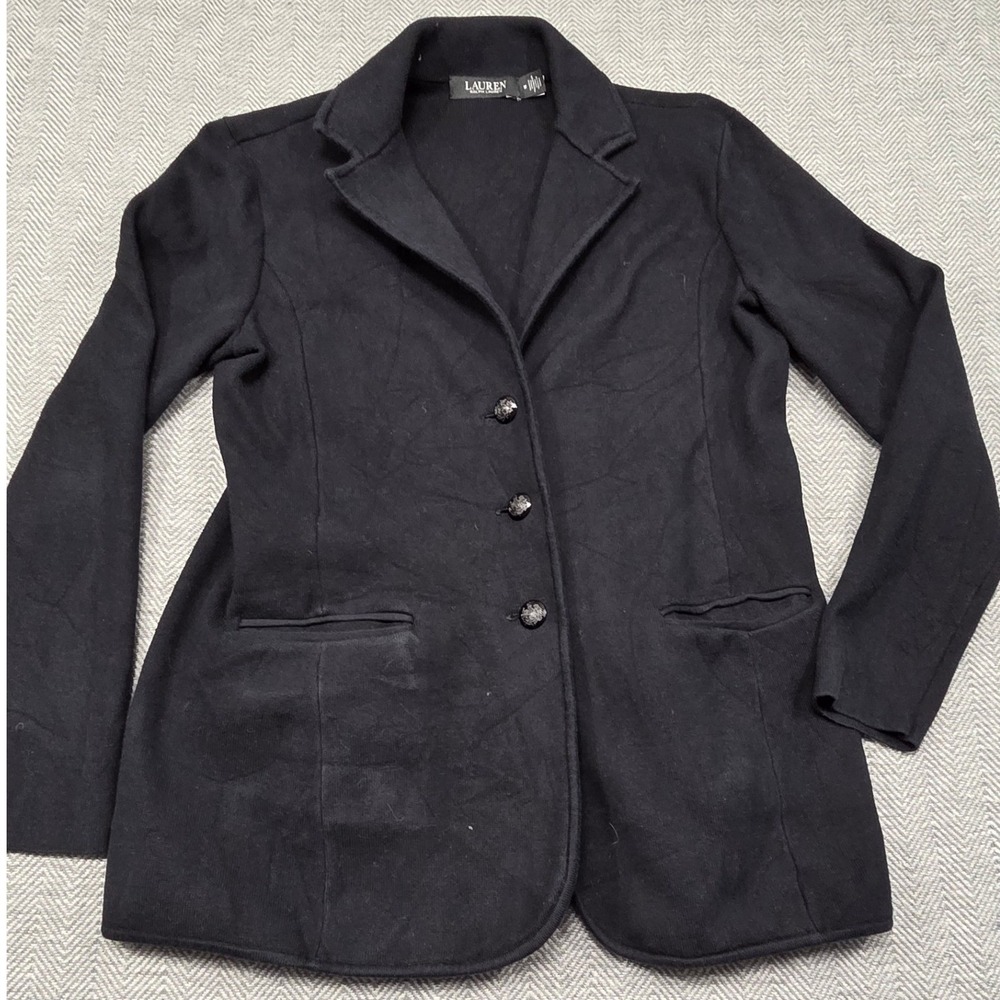 Lauren Ralph Lauren‎ Black Knit Blazer Crest Button Jacket Medium RN41381